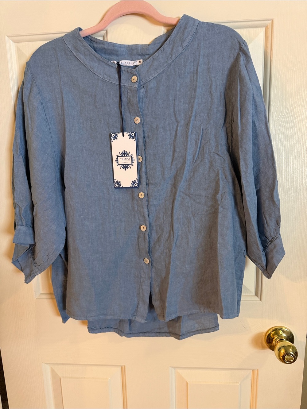 Tempo Paris Slate Blue Linen Button-Front Top
